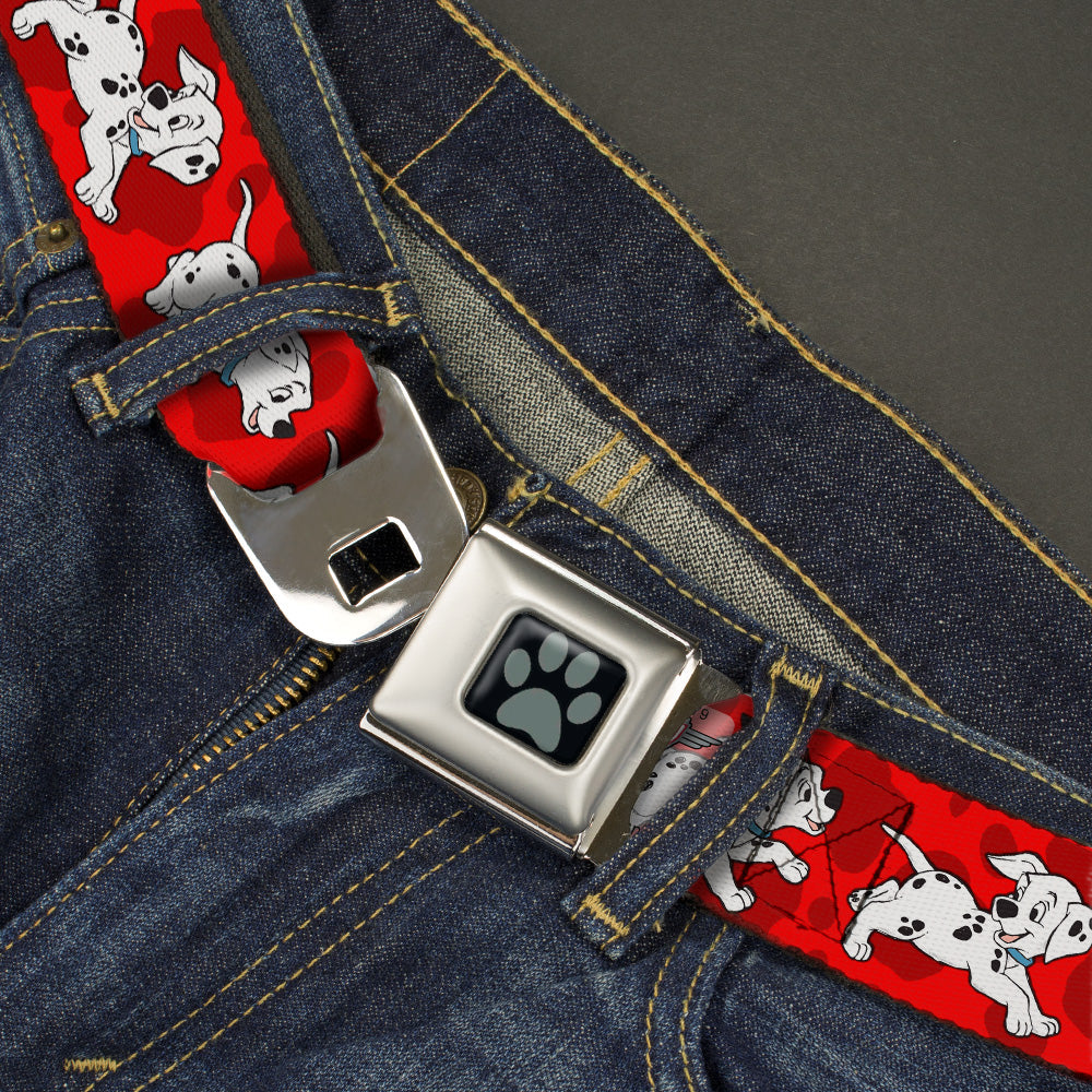 Dalmatian Paw Full Color Black Gray Seatbelt Belt - Dalmatians Running/Paws Reds/White/Black Webbing