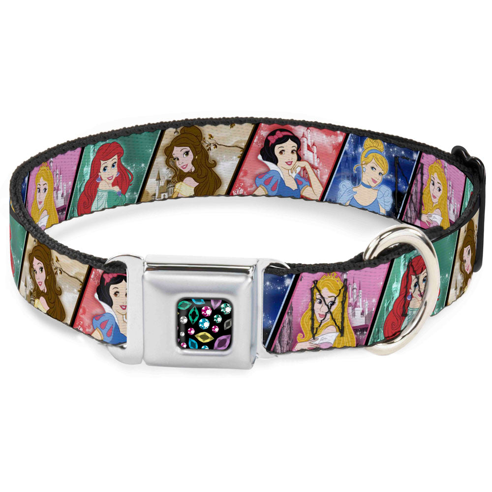 Princess Jewels Full Color Black/Multi Color Seatbelt Buckle Collar - Disney Princess Poses/Castle Blocks