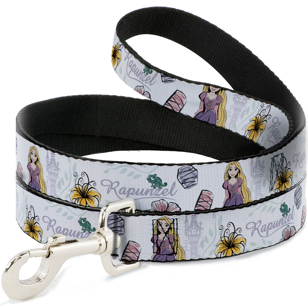 Dog Leash - Rapunzel Castle and Pascual Pose with Script and Flowers White/Purples