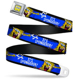 Sponge Bob Face CLOSE-UP Full Color Seatbelt Belt - SpongeBob Pose IT'S SPONGEBOB! Stripe Black/Blue/White Webbing