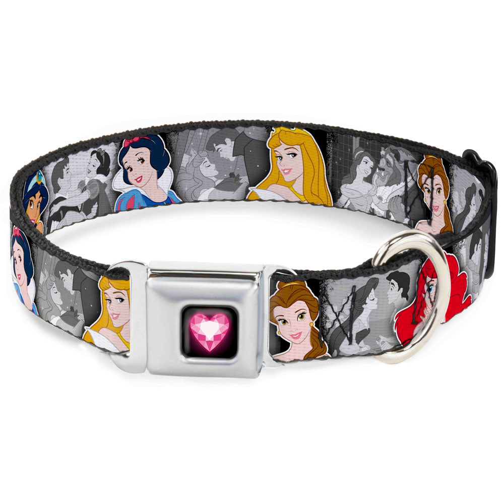 Princess Gem Heart Full Color Black/Pink Seatbelt Buckle Collar - Princess Pose/Princess & Prince Scene Grays/Multi Color