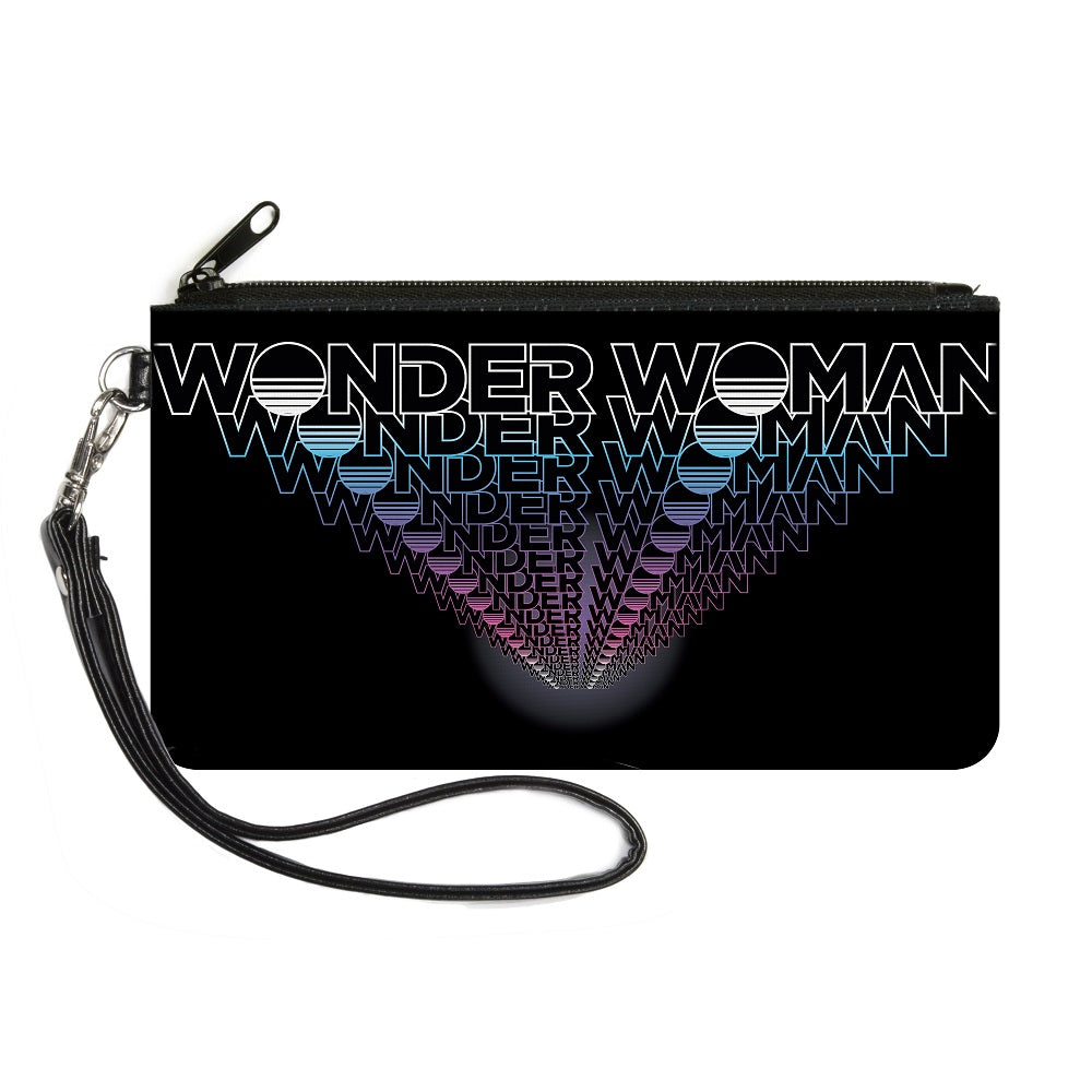 Canvas Zipper Wallet - LARGE - WONDER WOMAN 1984 Text Infinity Repeat Black White Blues Pinks