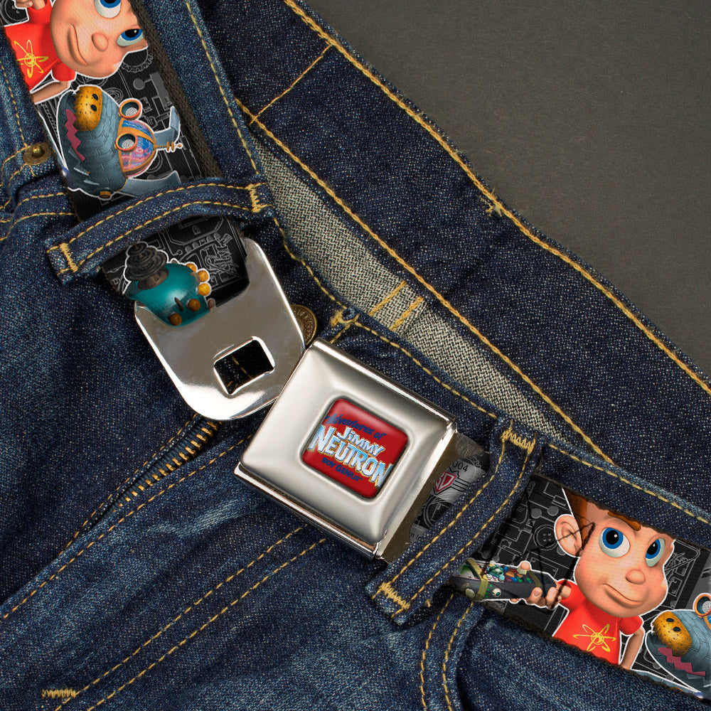 The Adventures of Jimmy Neutron Logo Full Color Red/Blues Seatbelt Belt - Jimmy Neutron Gadget Poses/Goddard Webbing