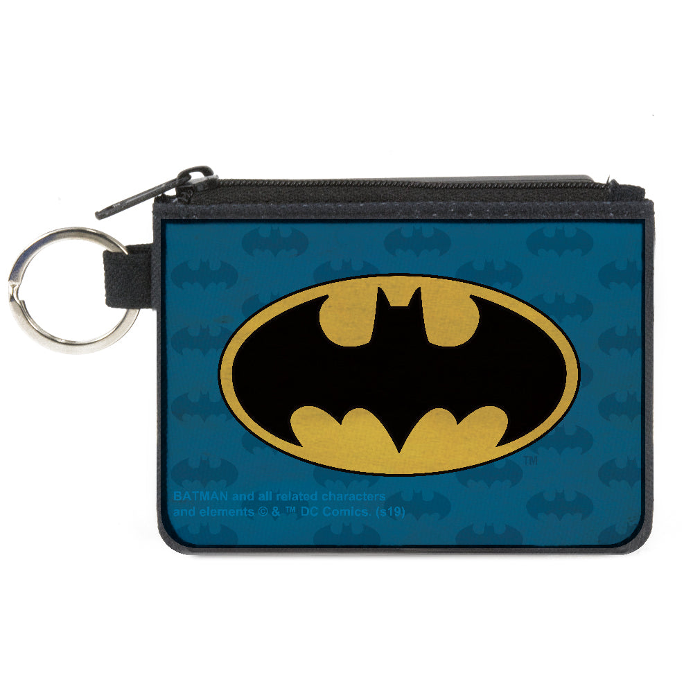 Canvas Zipper Wallet - MINI X-SMALL - Batman Signal Bat Monogram Distressed Blues Black Yellow