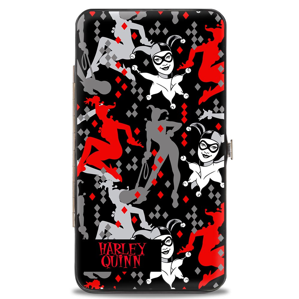 Hinged Wallet - Harley Quinn CRAZY Face Silhouette Poses Diamonds Black Grays Red White