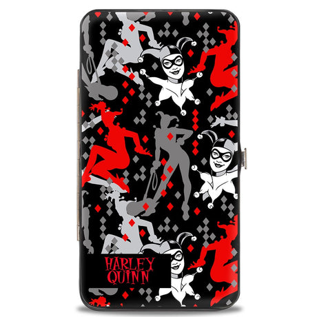 Hinged Wallet - Harley Quinn CRAZY Face Silhouette Poses Diamonds Black Grays Red White