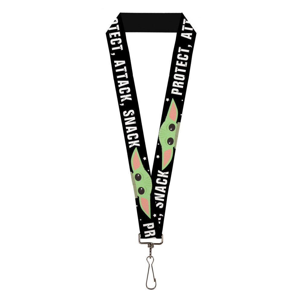 Lanyard - 1.0" - Star Wars The Child Chibi Face PROTECT ATTACK SNACK Black White