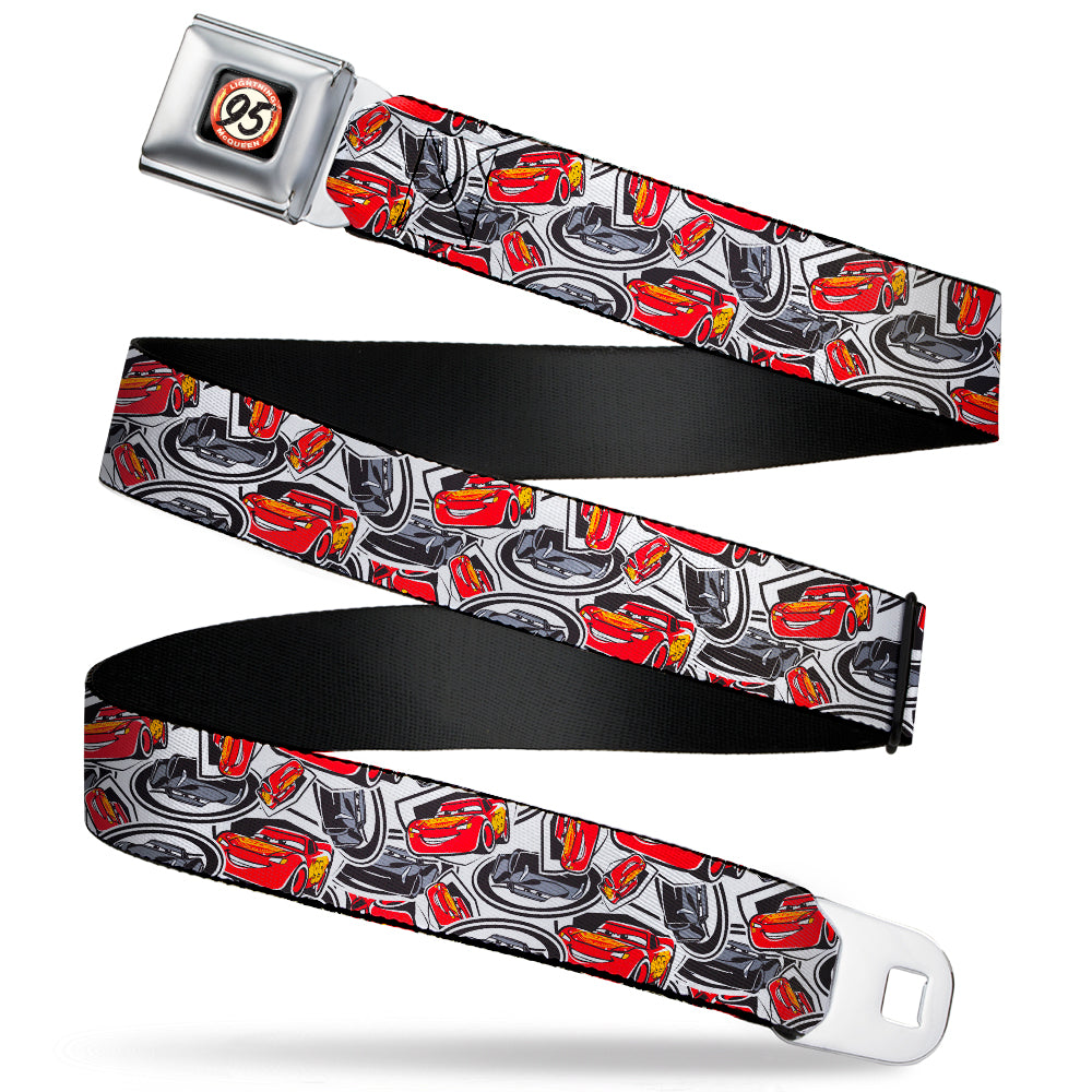 Cars 3 LIGHTNING MCQUEEN 95 Icon Full Color Weathered Black Red White Yellow Seatbelt Belt - Cars 3 Lightning McQueen/Storm Jackson Poses Scattered White Webbing