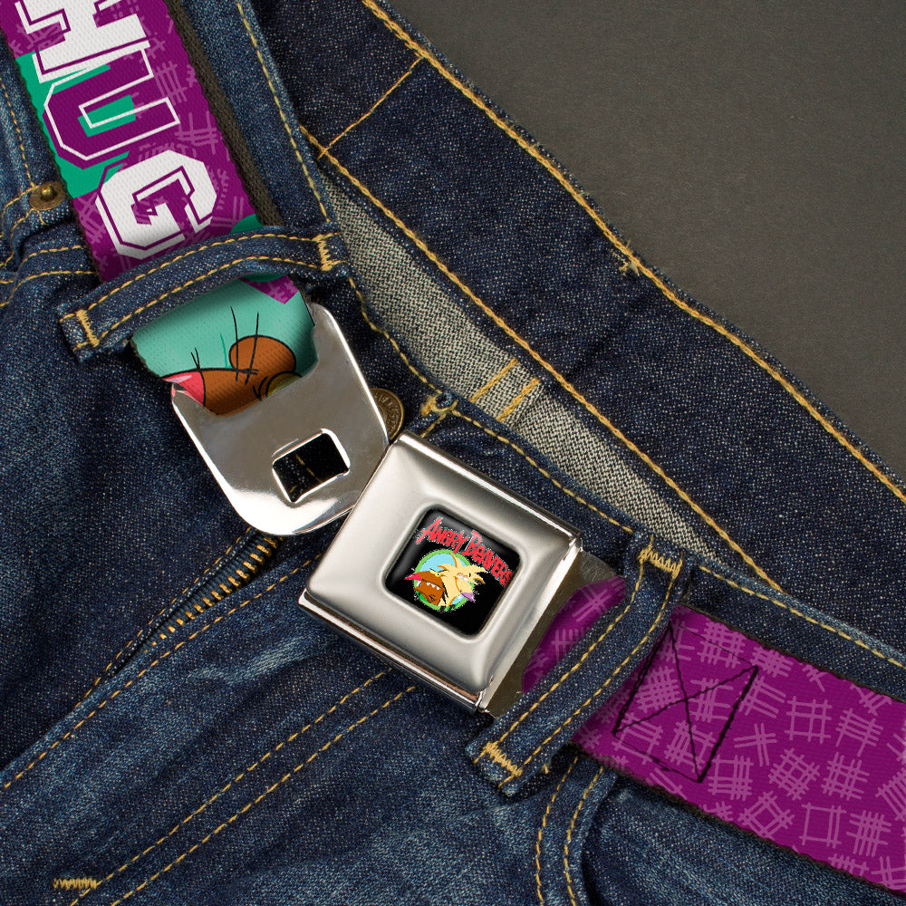 Angry Beavers Logo Full Color Black Seatbelt Belt - Norbert Hugging Daggett COME ON, BRO HUG Purples/Teal/White Webbing