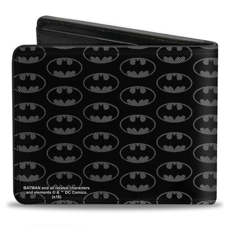 Bi-Fold Wallet - Bat Signal Corner Bat Monogram Black Gray Yellow