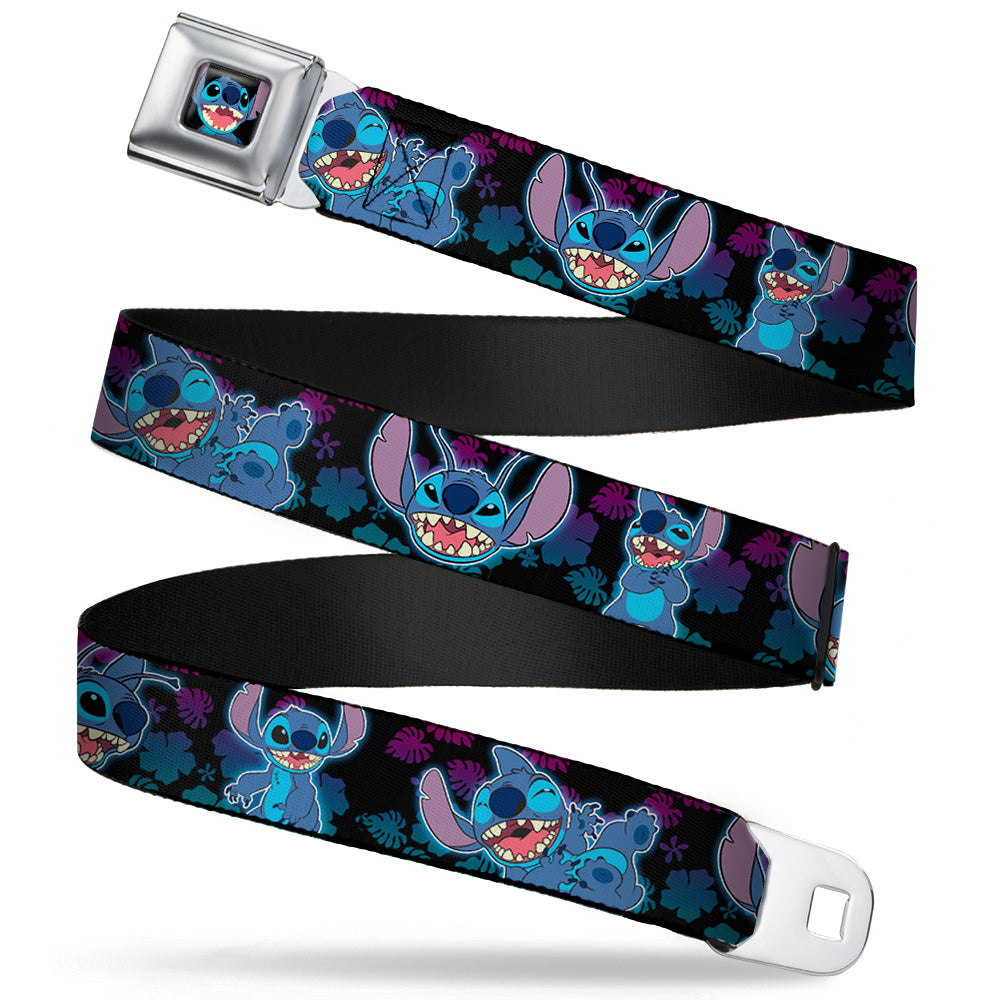 Stitch Smiling CLOSE-UP Full Color Black Seatbelt Belt - Stitch 2-Expressions/2-Poses Tropical Flora Black/Purple-Blue Fade Webbing