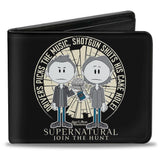 Bi-Fold Wallet - Supernatural Sam & Dean Caricatures DRIVER PICKS THE MUSIC Shattered Glass Black White Grays Blues