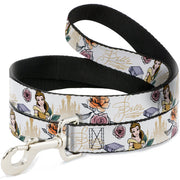 Dog Leash - Beauty and the Beast Belle Castle Pose with Script and Flowers White/Yellows