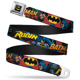 Batman Full Color Black Yellow Seatbelt Belt - Batman & Robin in Action w/Text Burgundy Webbing