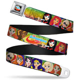 DC SUPERHERO GIRLS Logo Full Color Black Gold Red Blue Seatbelt Belt - DC SUPERHERO GIRLS 9-Character Group Pose Green/Yellow/Pink-Fade Webbing