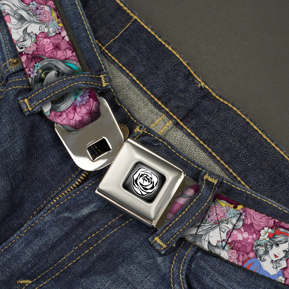 Princess Rose Full Color Grays White Black Seatbelt Belt - Princess Sketch Poses/Floral Collage Pinks/Grays Webbing