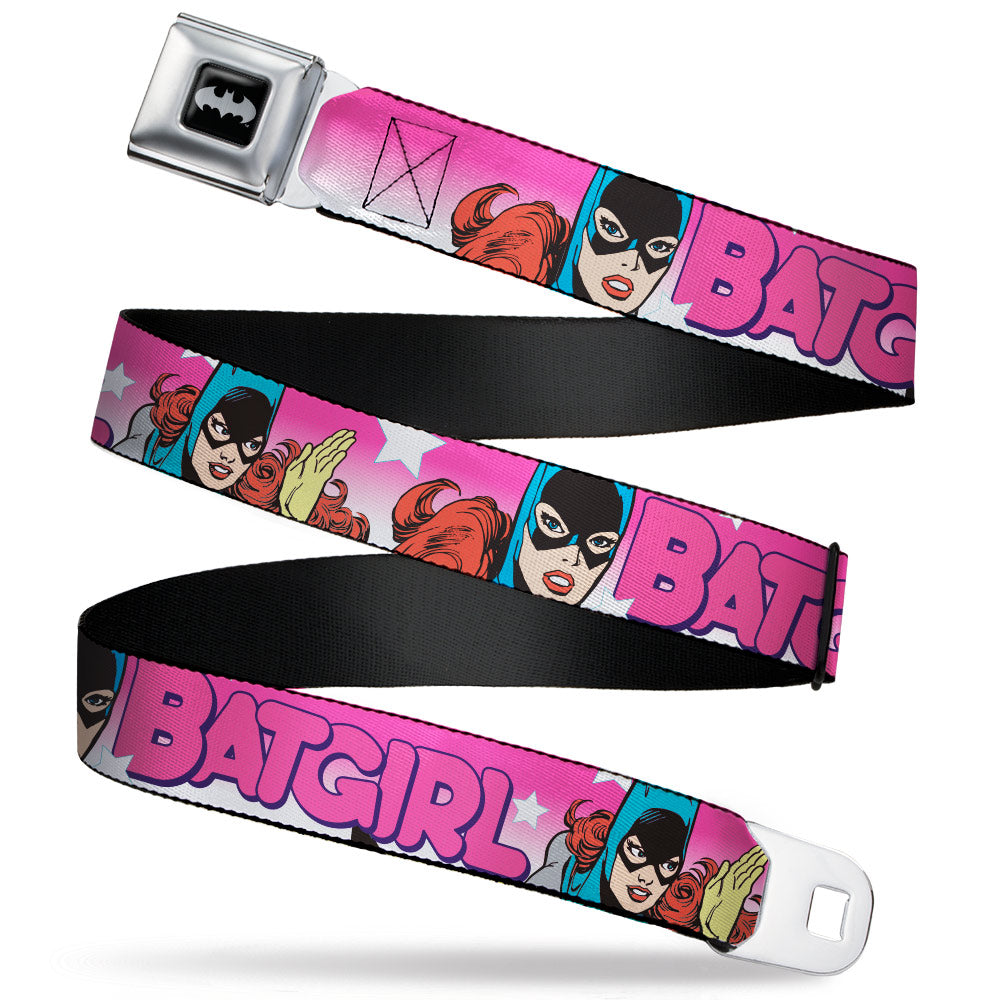 Batman Black/Silver Seatbelt Belt - BATGIRL Bubble Letters w/Stars Pink/White Webbing