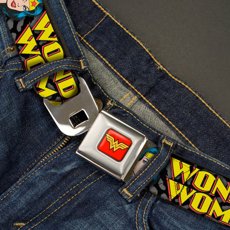 Wonder Woman Logo Full Color Red Seatbelt Belt - WONDER WOMAN w/Face CLOSE-UP Leopard Black/Gray Webbing