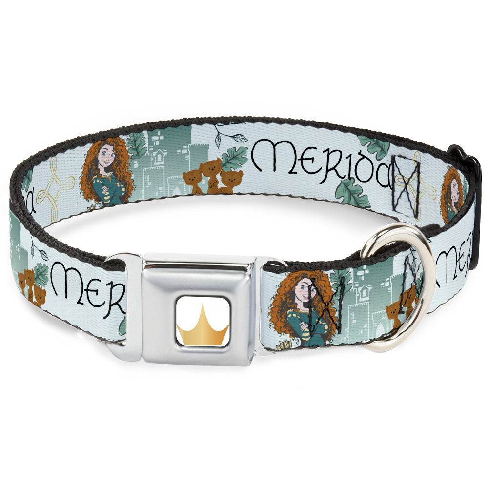 Disney Princess Crown Full Color Golds Seatbelt Buckle Collar - Brave Merida Castle and Three Bear Brothers Pose with Script Greens