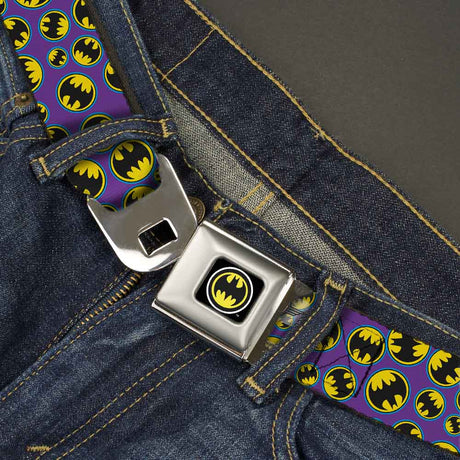 Bat Signal Full Color Black White Yellow Seatbelt Belt - Bat Signal Scattered Purple/Blue/Yellow/Black Webbing