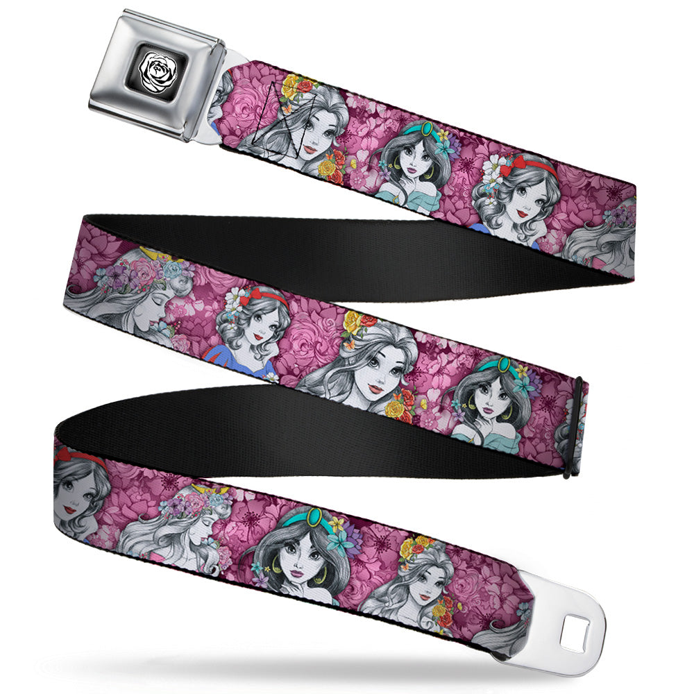 Princess Rose Full Color Grays White Black Seatbelt Belt - Princess Sketch Poses/Floral Collage Pinks/Grays Webbing