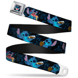 Stitch Smiling CLOSE-UP Full Color Black Seatbelt Belt - Stitch Snacking Poses Black/Blue Webbing