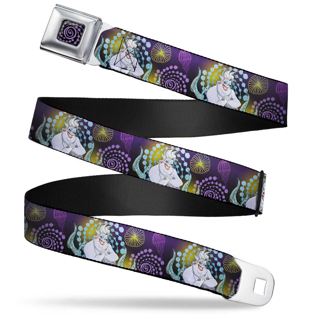 The Little Mermaid Ursula Swirl Full Color Black/Purple Seatbelt Belt - The Little Mermaid Ursula Smiling Sketch Pose/Shells/Kelp Purples/Yellows/Blues Webbing