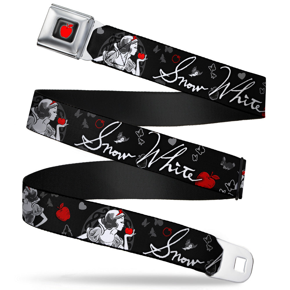 Apple Glow Full Color Black Red Seatbelt Belt - SNOW WHITE Apple Poses/Butterflies Black/Gray/Red Webbing