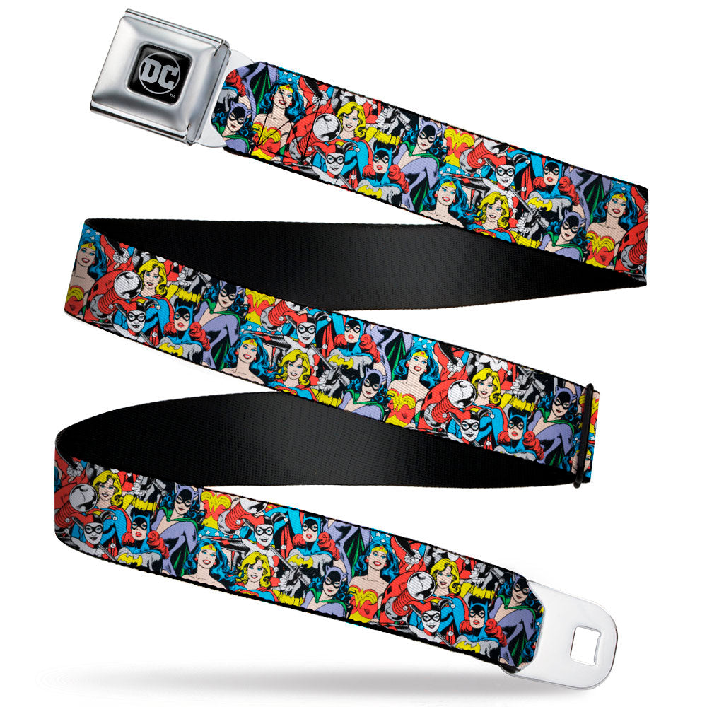 DC Round Logo Black/Silver Seatbelt Belt - DC Comics 3-Superheroine/2-Villain Character Collage Webbing