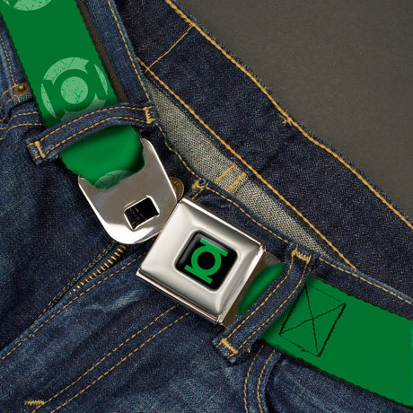 Green Lantern Logo CLOSE-UP Black Green Seatbelt Belt - Green Lantern Logo Weathered Greens Webbing