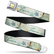 Disney Princess Crown Full Color Golds Seatbelt Belt - The Princess and the Frog Tiana Palace Pose with Script and Flowers Greens Webbing