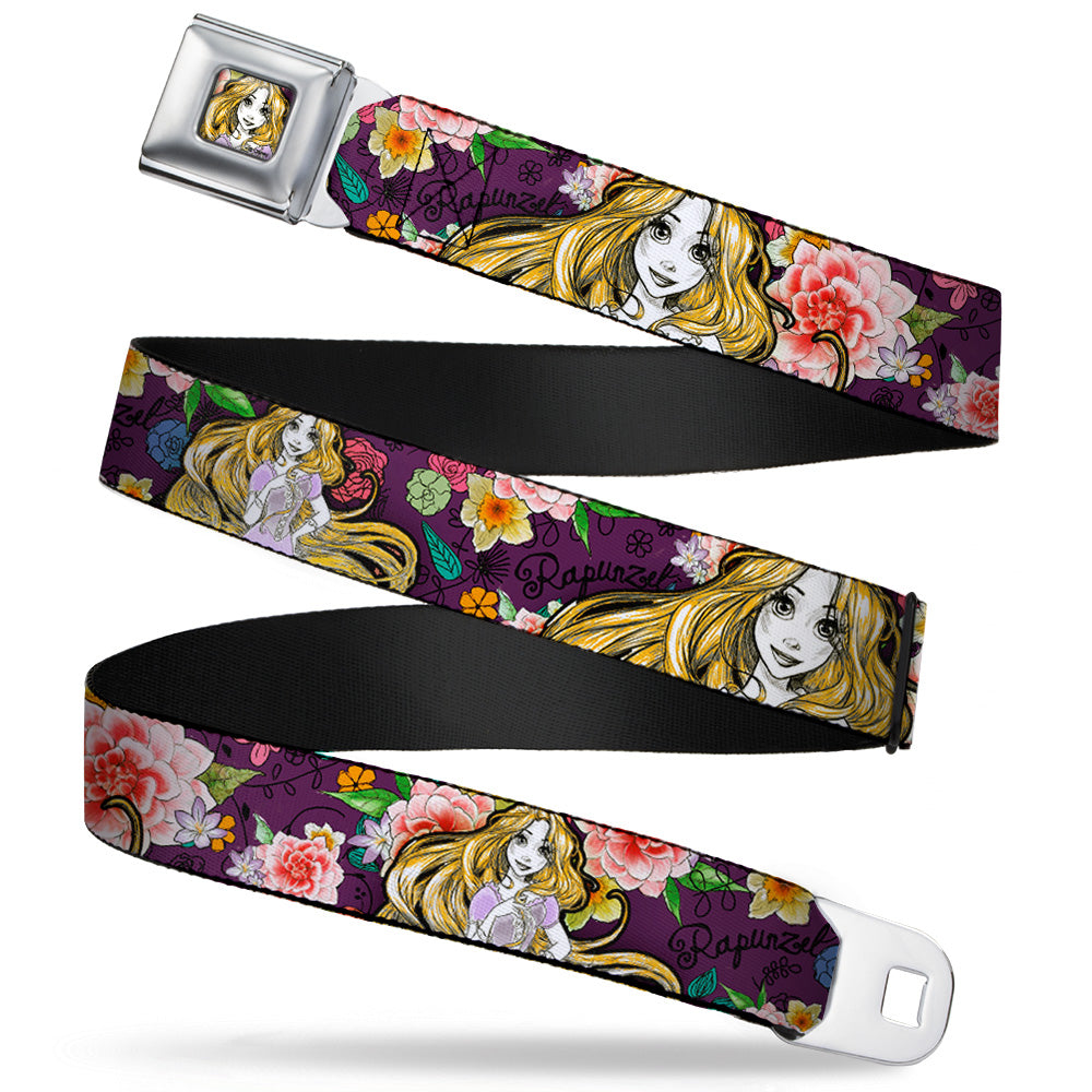 Rapunzel Sketch Full Color Seatbelt Belt - Rapunzel Poses/Floral Collage Sketch Purple Webbing