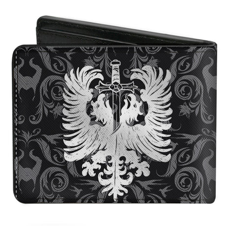 Bi-Fold Wallet - Maleficent Face + Sword Damask Black Gray White