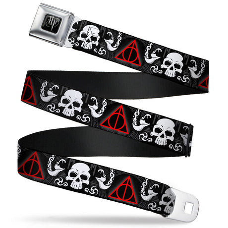 Harry Potter Logo Full Color Black/White Seatbelt Belt - Deathly Hallows Symbol/Death Mark Skull/Snakes Black/Gray/White/Red Webbing