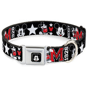 Mickey Mouse Face Full Color Black Seatbelt Buckle Collar - Classic Mickey Mouse 1928 Collage Black/White/Red