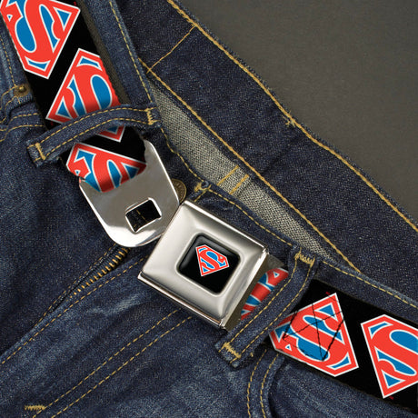 Superman Shield Full Color Black/White/Red/Blue Seatbelt Belt - Superman Shield Flip Americana Black/White/Red/Blue Webbing