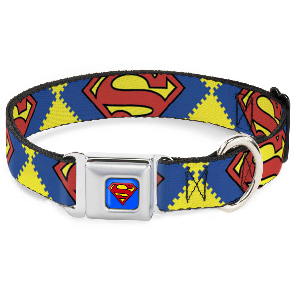 Superman Blue Seatbelt Buckle Collar - Jagged Superman Shield CLOSE-UP Yellow/Blue/Red