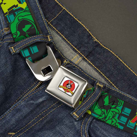 Looney Tunes Logo Full Color White Seatbelt Belt - MARVIN THE MARTIAN w/Poses Black/Turquoise Webbing