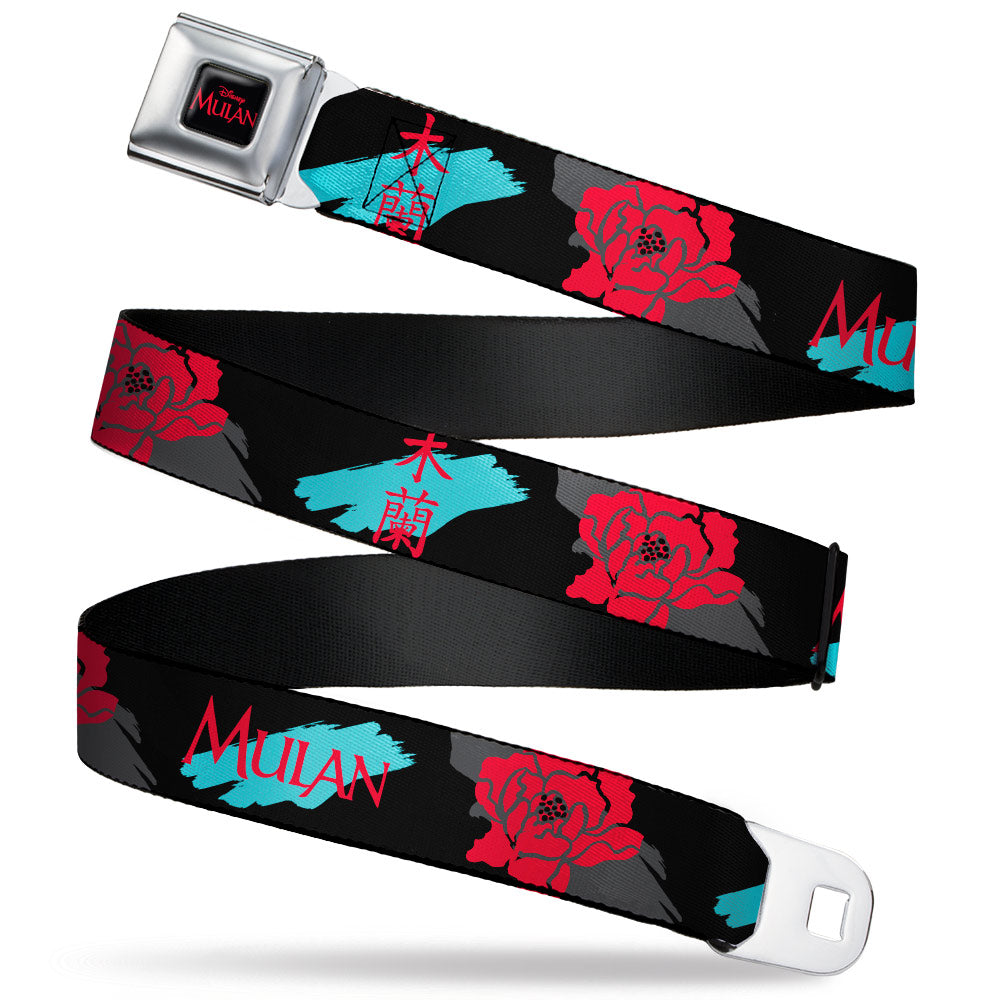 Disney MULAN Logo Full Color Black/Red Seatbelt Belt - MULAN Text/Kanji/Flower Black/Gray/Turquoise/Red Webbing