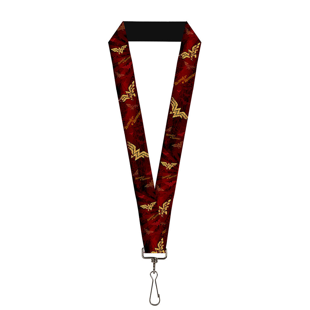 Lanyard - 1.0" - WONDER WOMAN Logo Text Scattered Rays Weathered Burgundy Gold