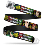 JL Logo Full Color Grays Black White Seatbelt Belt - JUSTICE LEAGUE Logo/4-Superhero Panels Pop Art Webbing