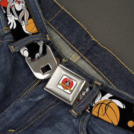 Looney Tunes Logo Full Color White Seatbelt Belt - Bugs Bunny 4-Basketball Poses Black Webbing