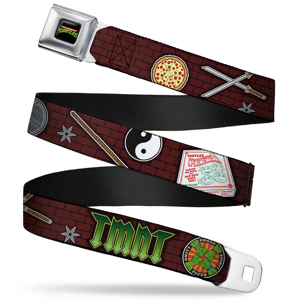 Classic TMNT Logo Full Color Seatbelt Belt - Classic TMNT Gear/Elements Brick Wall Webbing