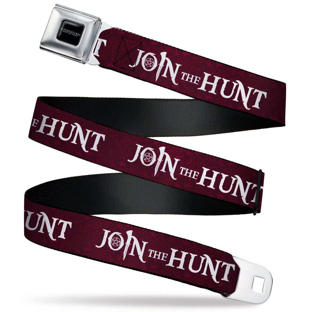 SUPERNATURAL-JOIN THE HUNT Full Color Black/White Seatbelt Belt - Supernatural JOIN THE HUNT/Symbols Scattered Reds/White Webbing