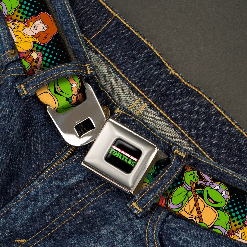 Classic TMNT Logo2 Full Color Seatbelt Belt - Classic TMNT Logo2/Turtles & April Pose Halftone Multi Color/Black Webbing